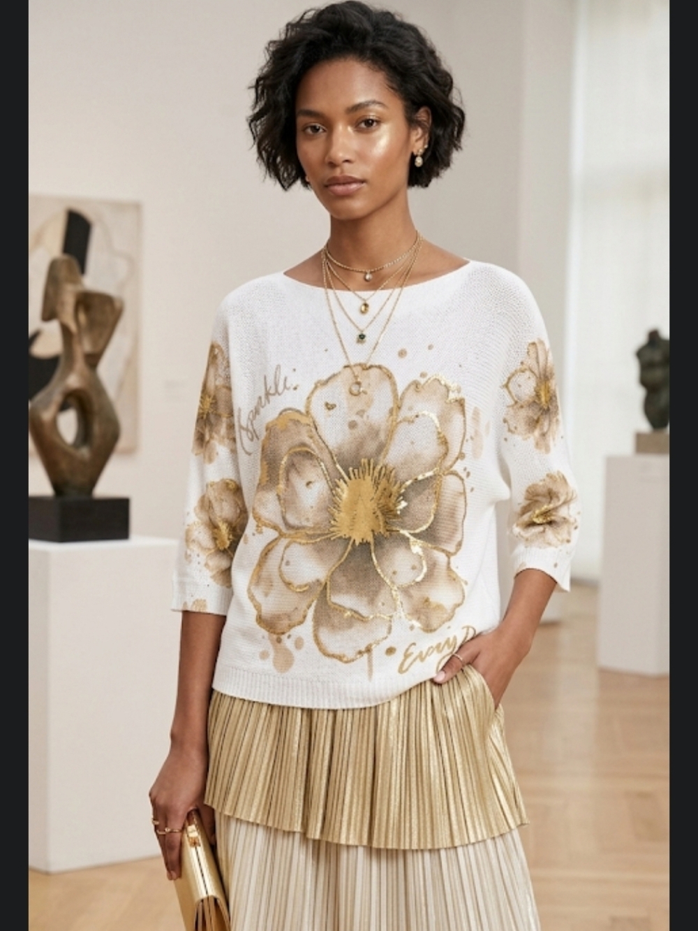 Made In Italy Viscose Blend White Sweater with Gold Floral Print